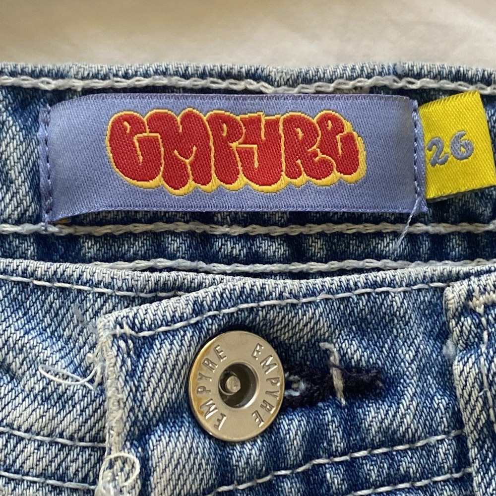 Empyre Youth Jeans Sz 26 Blue Denim Straight Leg Skate Streetwear Embroidered
